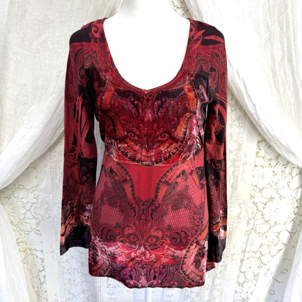 Red Velvet Whimsigoth Top S Y2K Indie Sleaze Fairy Grunge 90s Boho V-Neck Long